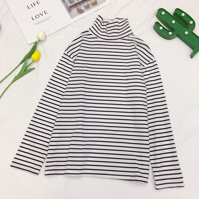 Striped Long-sleeved T-shirt Korean Version Of The Turtleneck Bottoming Shirt Students