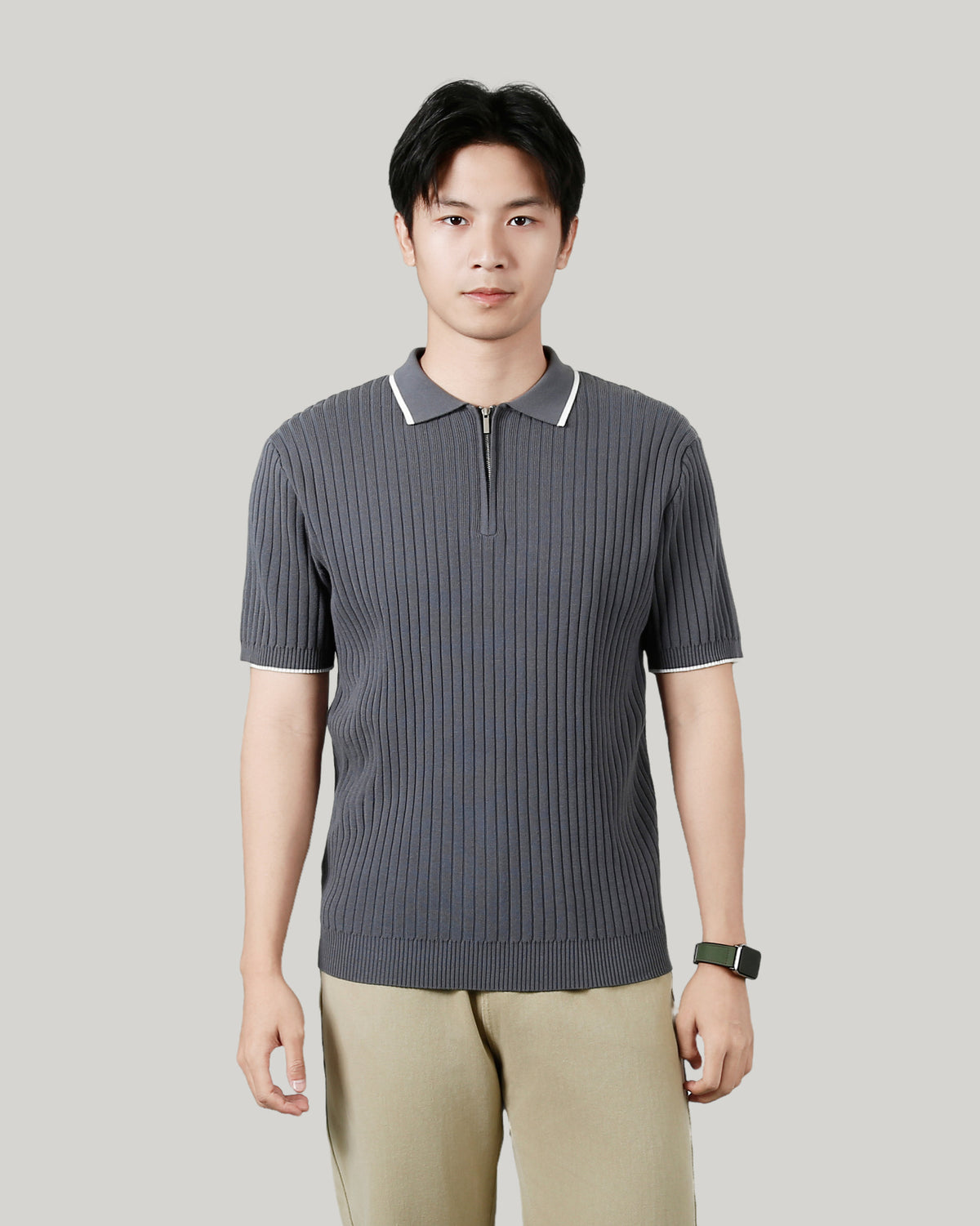 Men's Half-zip Ice Silk Knitted Lapel Vertical Striped Top