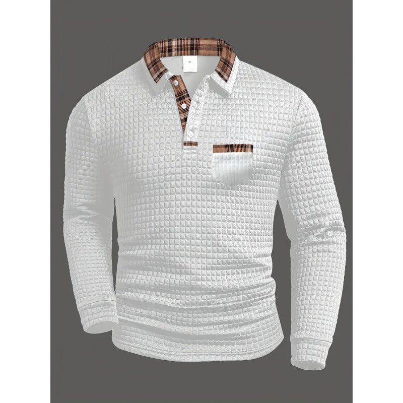 Men's Casual Solid Color Patchwork Pocket Collar Long Sleeve Polo Shirt