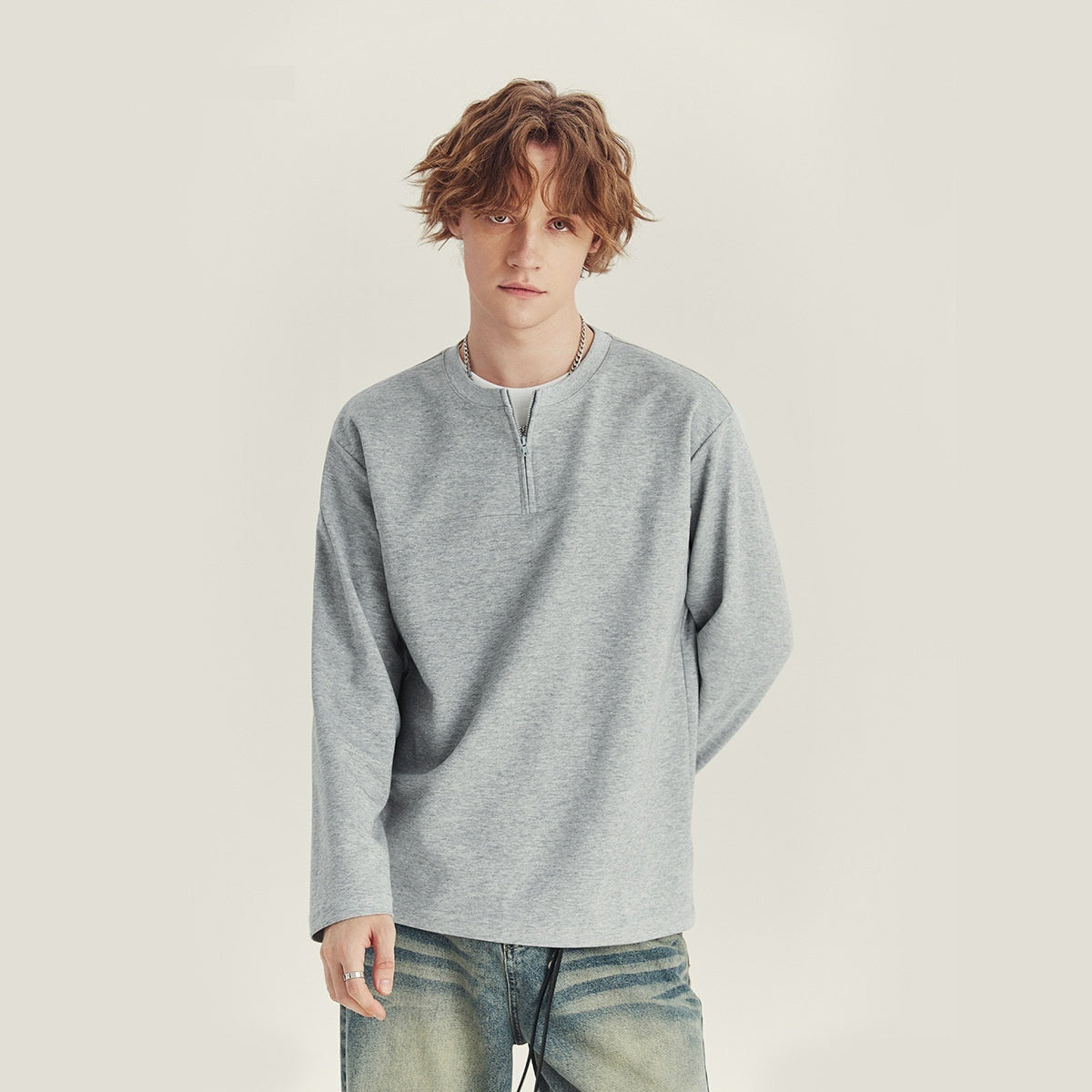 Half Long-sleeve Zipper T-shirt Men's Autumn High-grade Contrast Color Loose Crew Neck Top