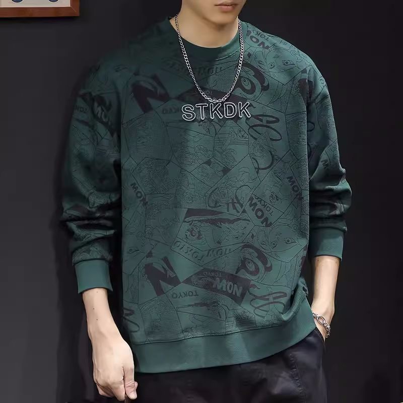 Round Neck Print Sweatshirt Long Sleeve Men's