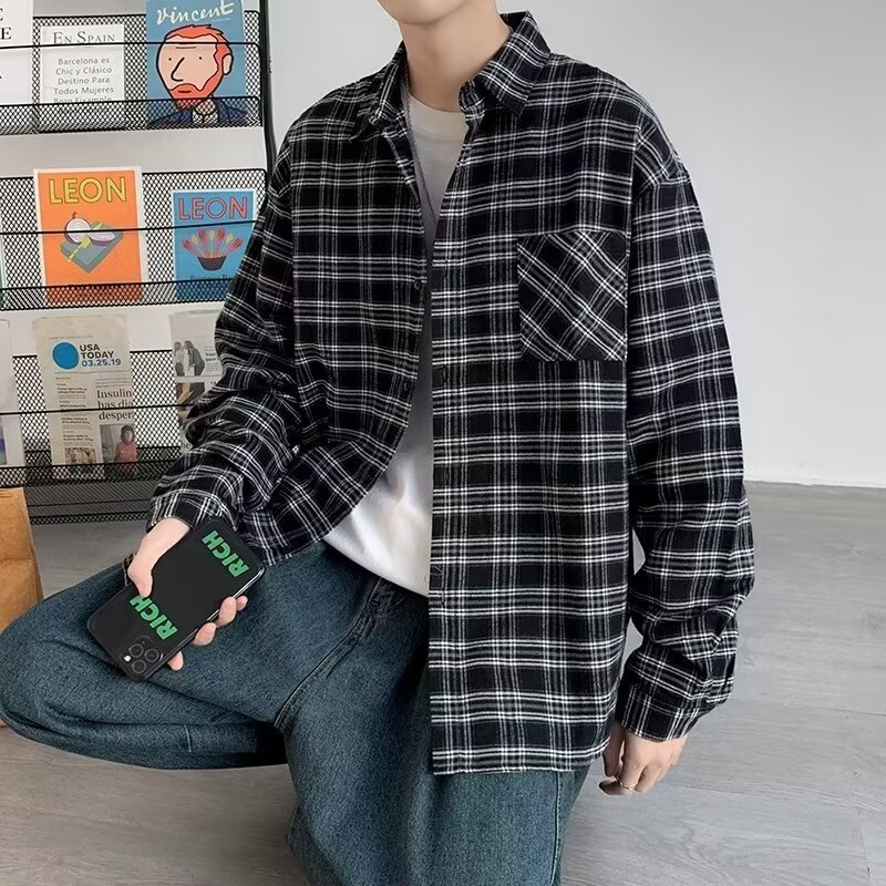 Men's Loose And Casual Black Plaid Long Sleeve Shirt