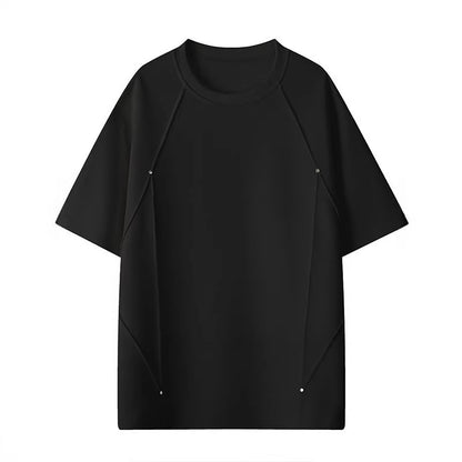 Retro Rivet Patchwork Design, Loose-fit Short Sleeves
