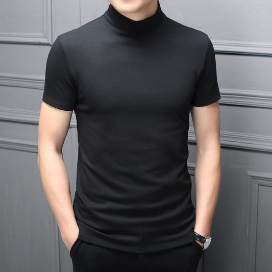 Spring Summer Men Half Turtleneck Mercerized Cotton Short Sleeves