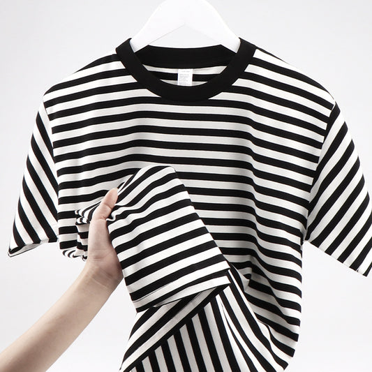 Striped Short Sleeve Simple Men's Versatile T-shirt Loose Top Half Sleeve Slim Striped Navy Skirt