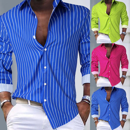 Fall Winter Men Striped Lapel Cardigan Striped Long Sleeve Shirt