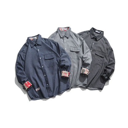 Japanese Retro Vertical Striped Long-sleeved Shirt Men's Trendy Brand Loose Street
