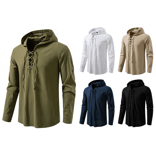 Medieval Pirate Drawstring Men's Cotton Linen Long Sleeve Shirt