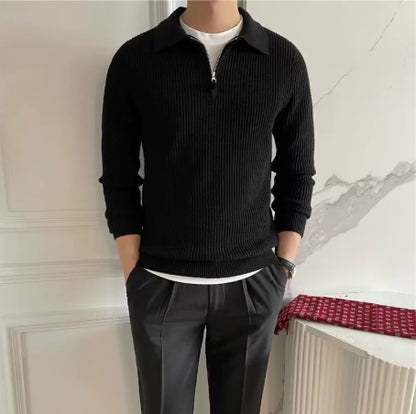 Turn-down Collar Knitted Polo Sweater With Thermal Ribbed Design