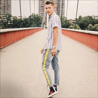 Street Style Cotton And Linen Striped Lapel Button Short Sleeves