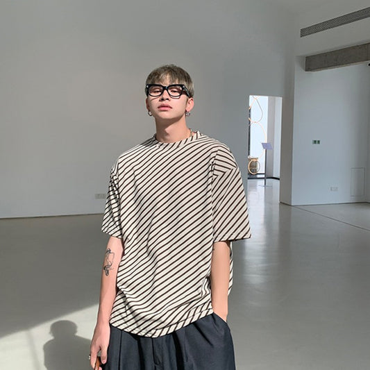 Diagonal Striped Crew Neck Short Sleeve T-shirt Removable Shoulder Pads Short Tee