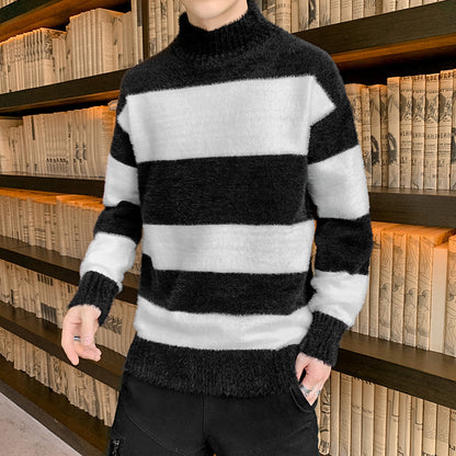 Half High Collar Pullover Striped T-Shirt
