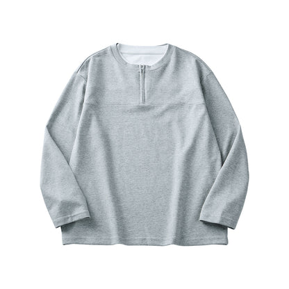 Half Long-sleeve Zipper T-shirt Men's Autumn High-grade Contrast Color Loose Crew Neck Top