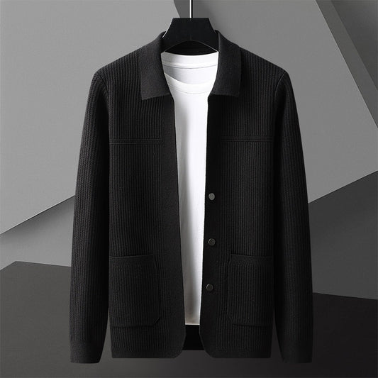 Men's Autumn Winter Solid-Colored Thickened Lapel Long-Sleeve Sweater With Pockets