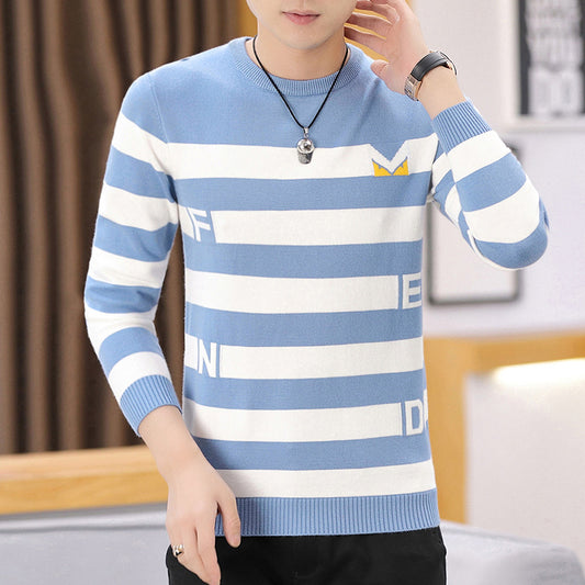 Men's Round Neck Striped Sweater Trend Slim Simple Knitted Sweater