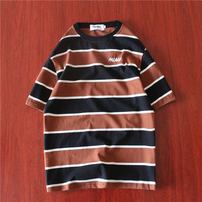 Striped colorblock embroidered letter T-shirt