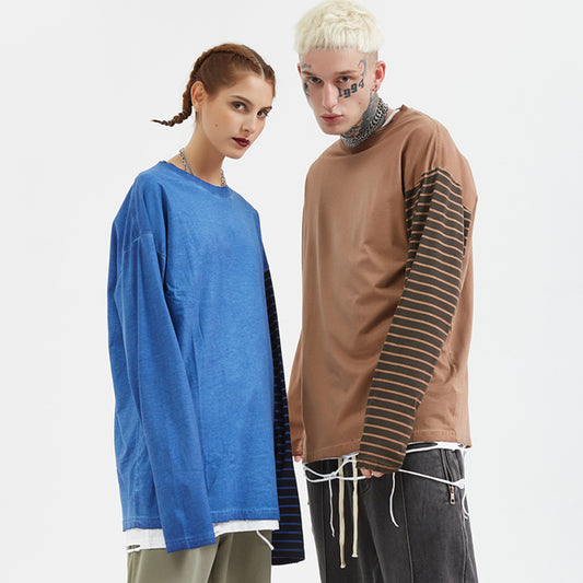 Printed stripe stitching sleeve t-shirt