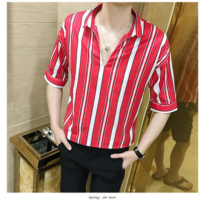 Slim-fit striped five-point sleeve men's shirt
