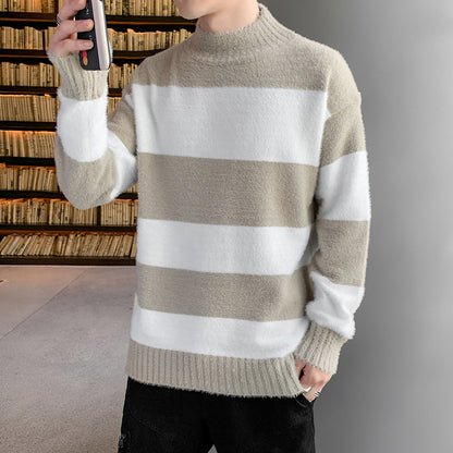 Half High Collar Pullover Striped T-Shirt