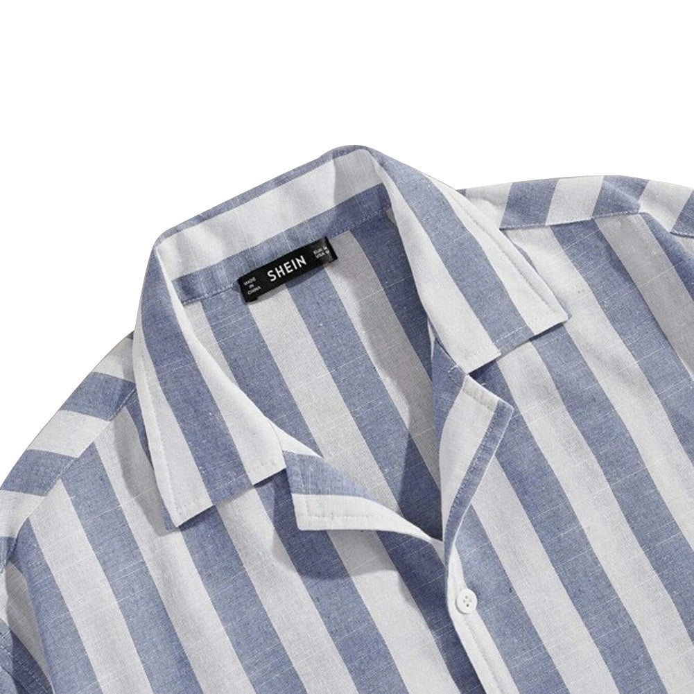 Street Style Cotton And Linen Striped Lapel Button Short Sleeves