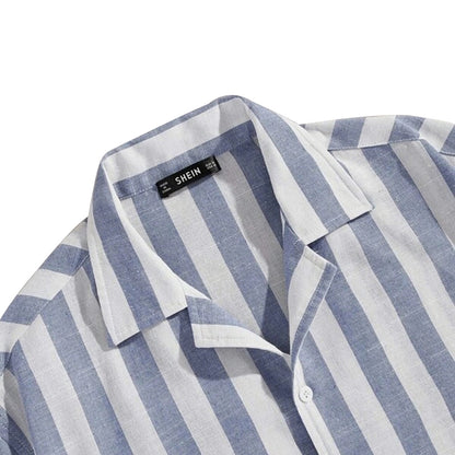 Street Style Cotton And Linen Striped Lapel Button Short Sleeves
