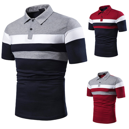 Three-striped colorblock men's lapel T-shirt