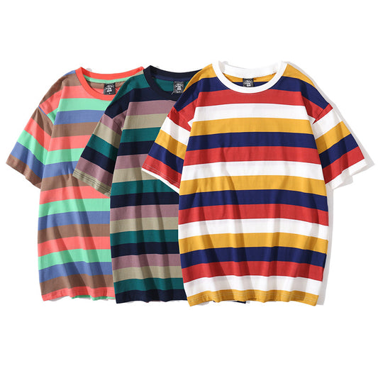 Simple striped loose short-sleeved couple T-shirt bottoming top