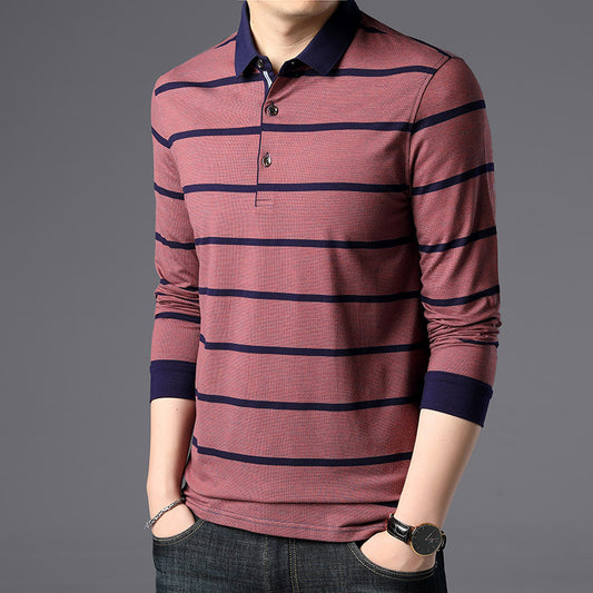 Men's stripe long sleeve polo collar top