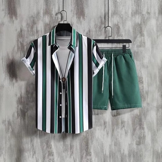 Striped Contrast Color 3D Printing Vacation Shirt Shorts 2 Pieces Suit