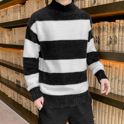 Half High Collar Pullover Striped T-Shirt