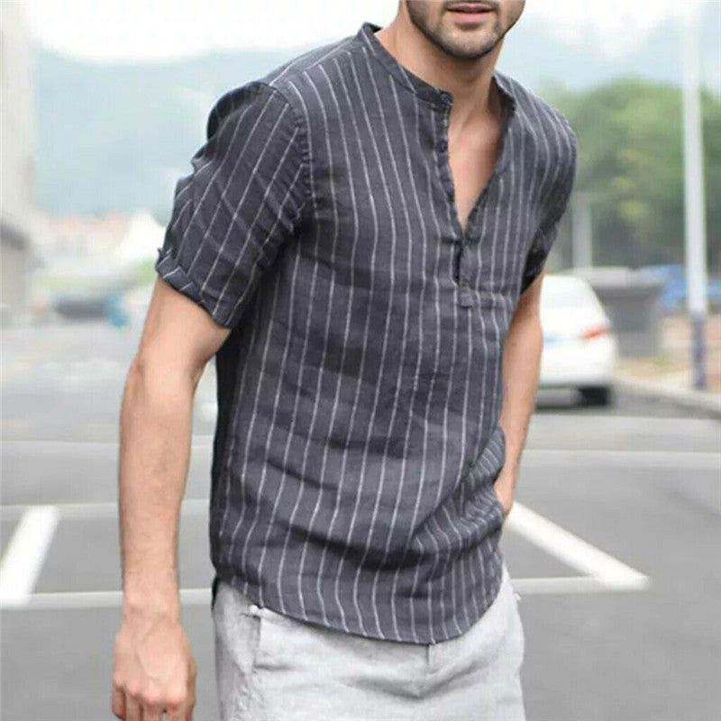 Short sleeve slim striped small collar shirt