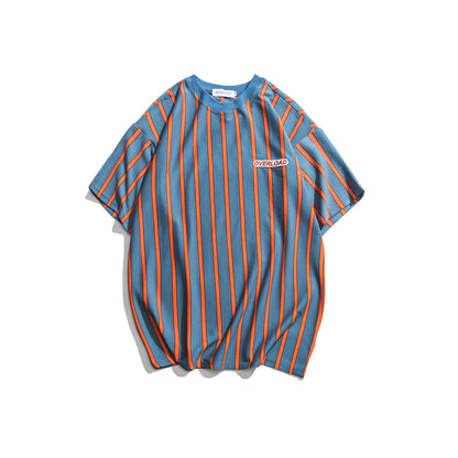 Loose vertical stripes short sleeves