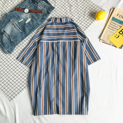 Contrast striped short sleeve loose shirt