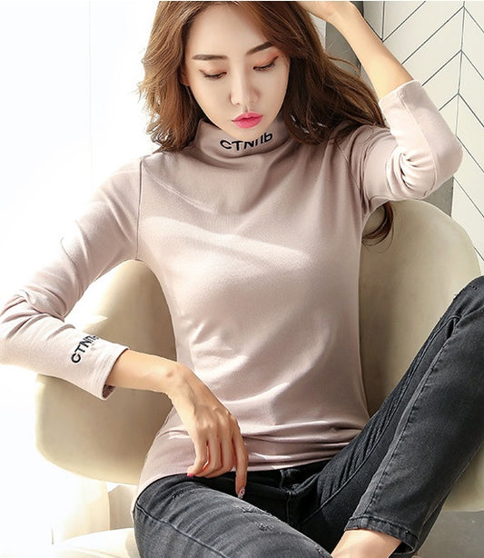 Half High Collar Plush Bottom Top Women's Autumn and Winter Korean White Long Sleeve T-shirt