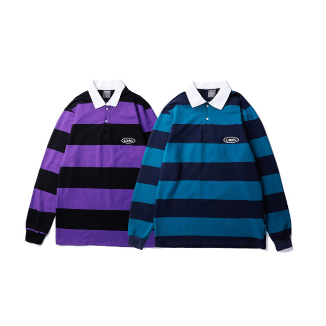 Couple shirt striped long sleeve polo shirt