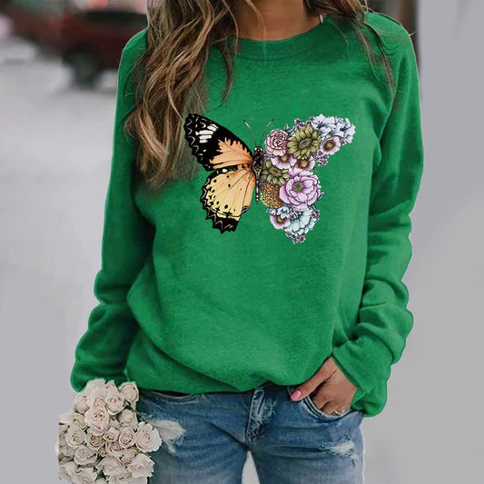Butterfly Print Long-Sleeved Round Neck Sweater Women