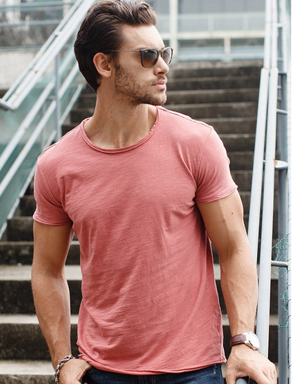 Lightweight Slim Slubby Cotton Thin Round Neck Solid T-shirt