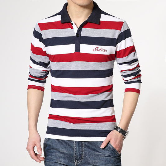 Fashion Casual Men's Long-sleeved Lapel Striped T-shirt