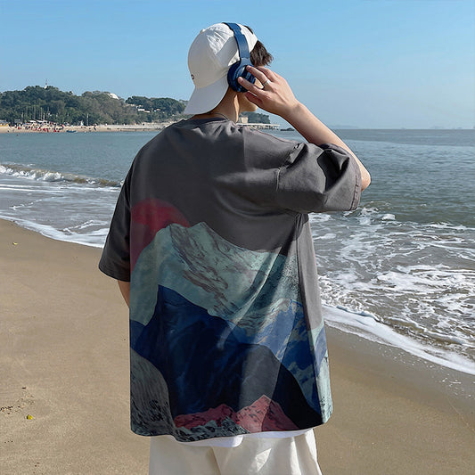 Summer Snow Mountain Print Short-Sleeved T-Shirt Street Hip-Hop Half-Sleeved Tee