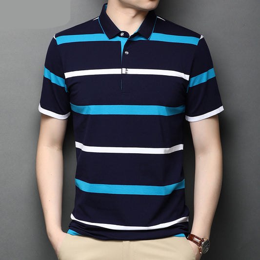 Men's Lapel Summer Striped Half Sleeve Casual Men's Mercerized Cotton Short Sleeve