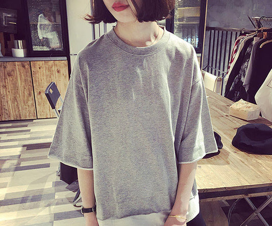 Summer Korean Women's Solid Color Fake Two-piece Short-sleeved T-shirt Loose Round Neck Top