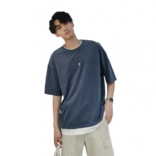 Summer Solid Color Fake Two-Piece Short-Sleeved T-Shirt Men's Loose Round Neck Korean Style