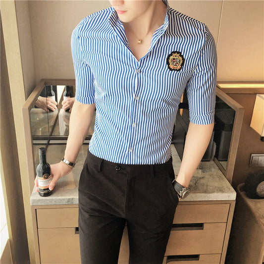 British Style Summer Slim Striped 5-Point Sleeve Shirt Navy Style Shirt
