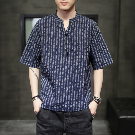 Men's V-neck loose plus size striped casual five-point sleeves
