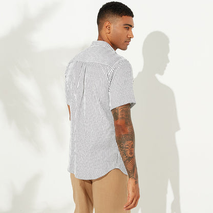 Men's Striped Lapel Casual Short Sleeve