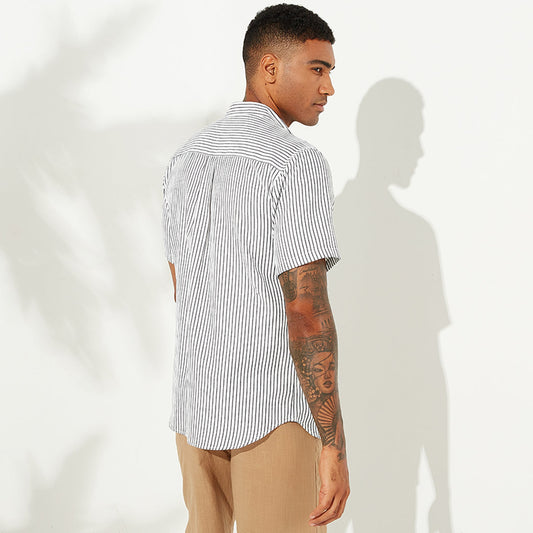 Men's Striped Lapel Casual Short Sleeve