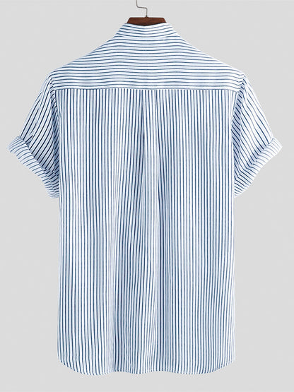 Men's Striped Lapel Casual Short Sleeve