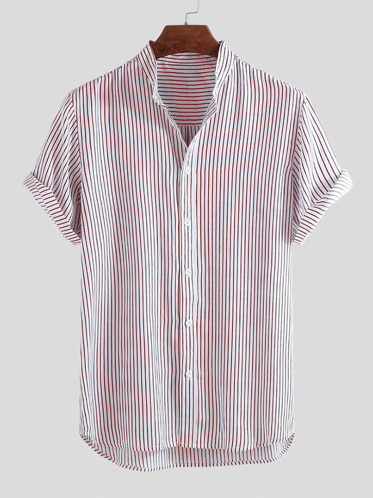 Men's Striped Lapel Casual Short Sleeve