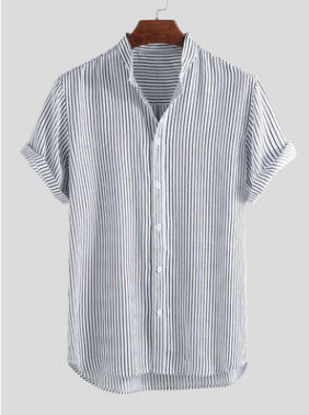 Men's Striped Lapel Casual Short Sleeve