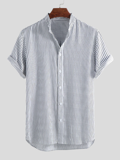 Men's Striped Lapel Casual Short Sleeve